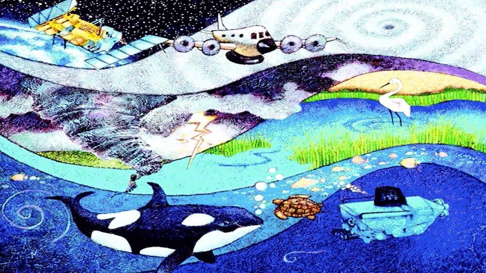 Hand drawing of elements from space,the ocean, weather, and wetlands including large graphics of an orca, sea turtle, heron, tornado, hurricane, satellite, and airplane.