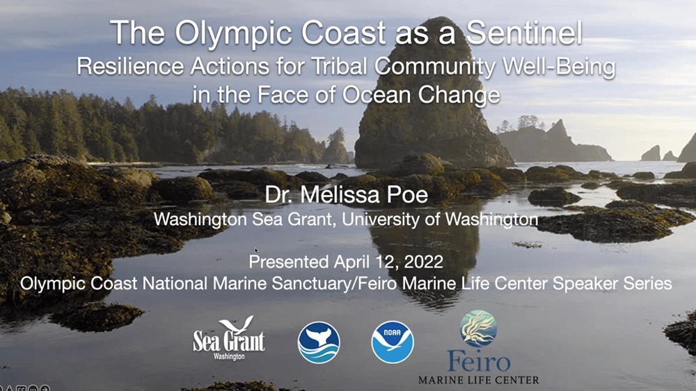 Presentation slide with photo of olympic coast for the background with the title and author listed. Sea Grant Washington, ONMS, NOAA, and Feiro marine life center logos at bottom.
