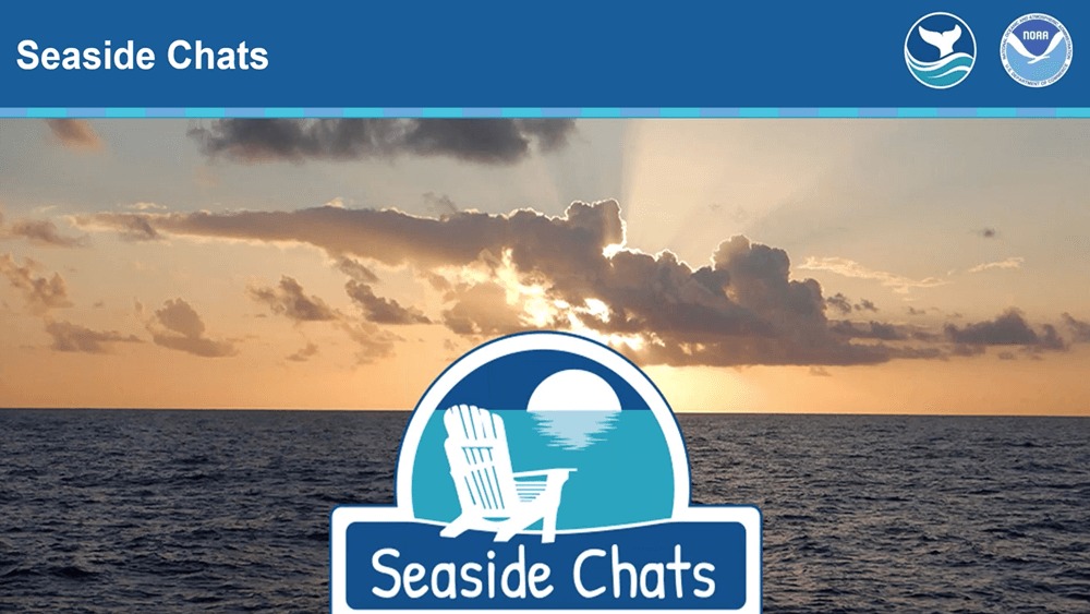 Presentation slide with title Seaside Chats, sunset over the ocean as the background and logo of beach chair in front of water and sunsetting and text Seaside Chats.