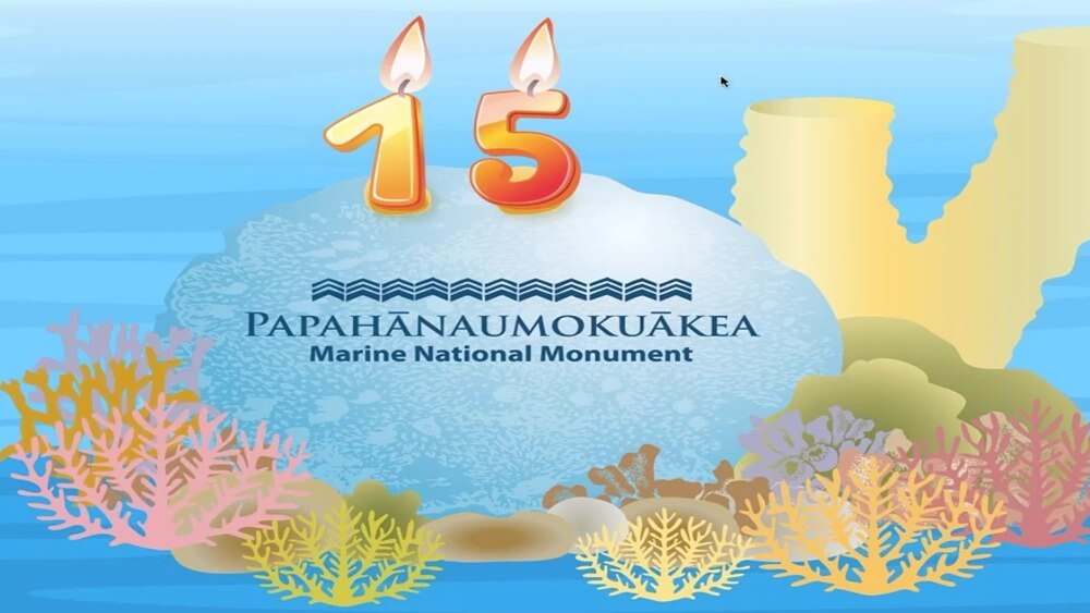 Graphic of colorful coral reef and blue water with Papahanaumokuakea Marine National Monument logo with 15 shaped candles on fire on top of coral.