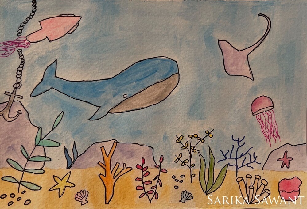 A hand-drawn image of a whale, jellyfish, and stingrays swimming around near the ocean floor.