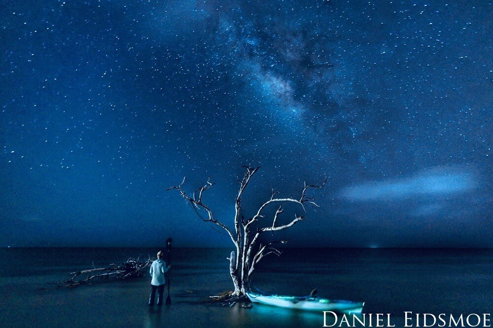A kayaker stands next to a dead tree and kayak, looking up at an expansive sky filled with stars.