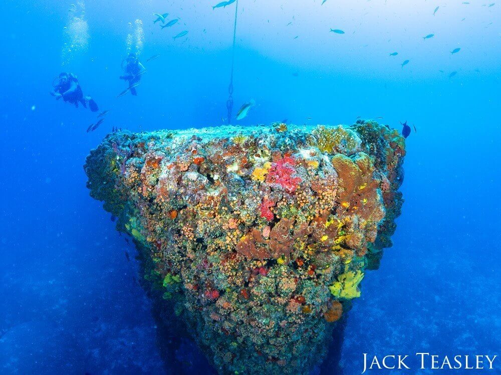 The bow of an underwater shipwreck is covered with corals and alage. Divers can be seen in the background swimming over the boat.