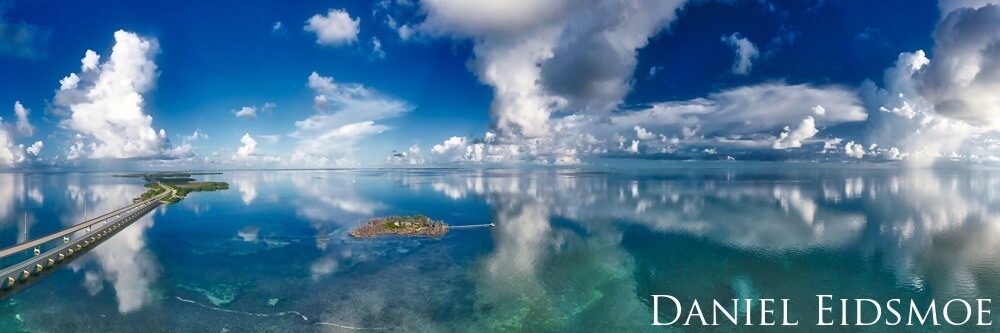 Aerial view of calm sea and reflections in the Florida Keys.