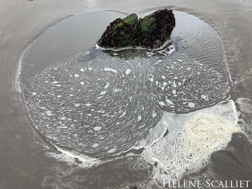 Close up of a small tide pool in the sand with a rock covered in algae and swirls of foam in the water.
