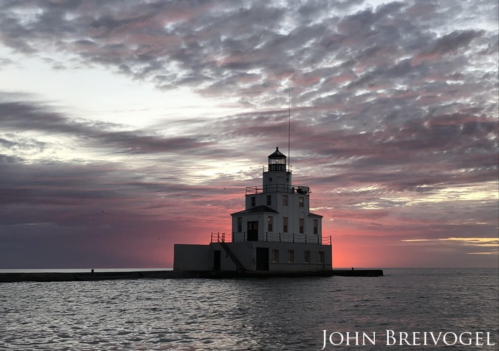 Glowing lighthouse near Wisconsin Shipwreck Coast National Marine Sanctuary.