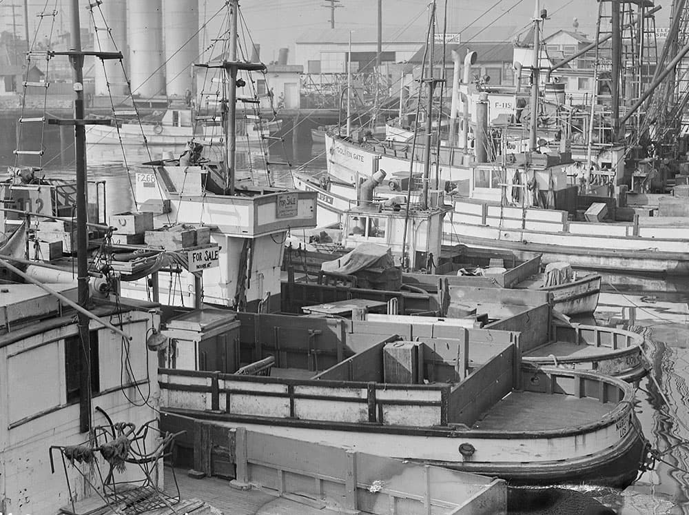 A historic photo shows a long row of fishing boats tied up to a dock