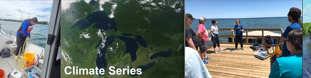 Left to right: A woman on a research boat holding a line off the boat; satellite image of the Great Lakes; and a woman on a pier talking to educators.