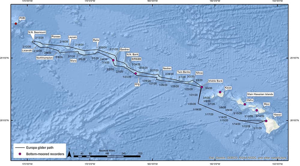 map of the glider's path throughout Papahānaumokuākea Marine National Monument