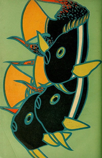 A drawing shows three colorful stylized fish