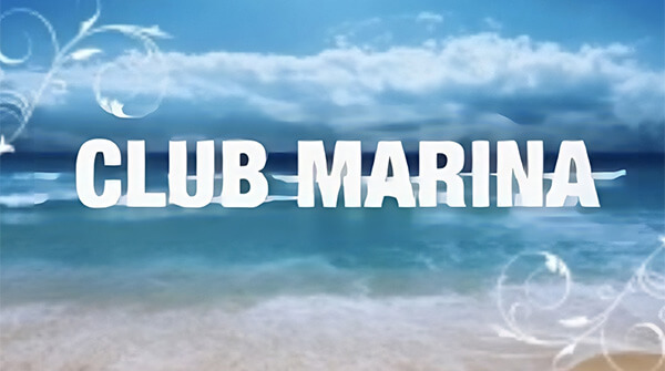 Bright blue waves with large white clouds above with title “CLUB MARINA” in bold white letters.