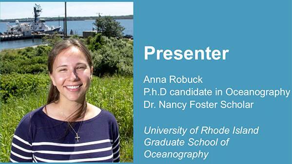 Presenter slide for Plastics in the Ocean webinar with photo of presenter (woman with brown hair in navy and white striped long sleeve).