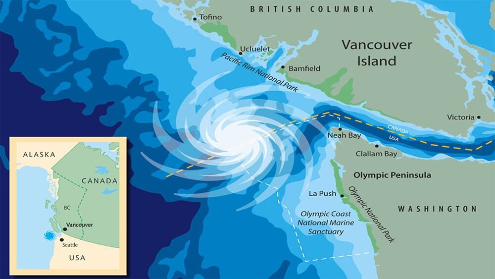Illustration of the location of the big eddy along the U.S.-Canada border in the Pacific Ocean.