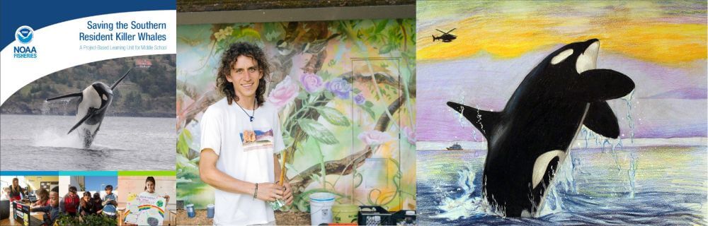 From left to right: The cover of a curriculum about orca whales; a male artist standing in front of a canvas; and a drawing of an orca by a third grader.