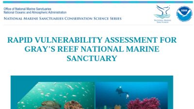 Cover of the Rapid Vulnerability Assessment for Gray's Reef National Marine Sanctuary, including images of a diver, reefs, fish, and a sea turtle.