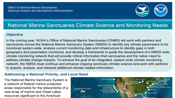 Text-filled page of a document with the title “National Marine Sanctuaries Climate Science and Monitoring Needs,” it has the NOAA and Office of National Marine Sanctuaries logos in the upper right hand corner and images of a map and shipwreck.