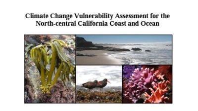 Cover of the Climate Change Vulnerability Assessment for the North-central California Coast and Ocean, including images of a kelp, a beach, birds, and corals.
