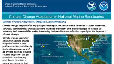 Text-filled page of a document with the title “Climate Change Adaptation in National Marine Sanctuaries,” it has the NOAA and Office of National Marine Sanctuaries logos in the upper right hand corner, a map of sanctuaries, and an image of a diver.