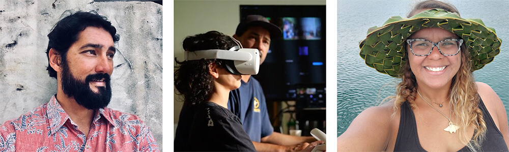 Left to right: a close-up of a man with dark hair; a person with a virtual reality headset on; and a woman with a lauhala woven hat on.
