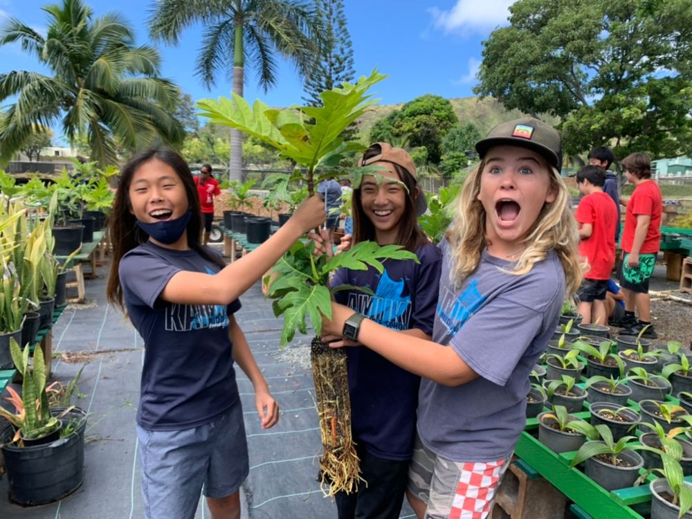 Students from Kaimuki Middle School posing with ulu tree plant in nursery