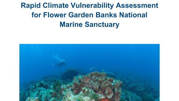 Cover of the Rapid Climate Vulnerability Assessment for Flower Garden Banks National Marine Sanctuary, including images of coral on a rock with a diver in the background