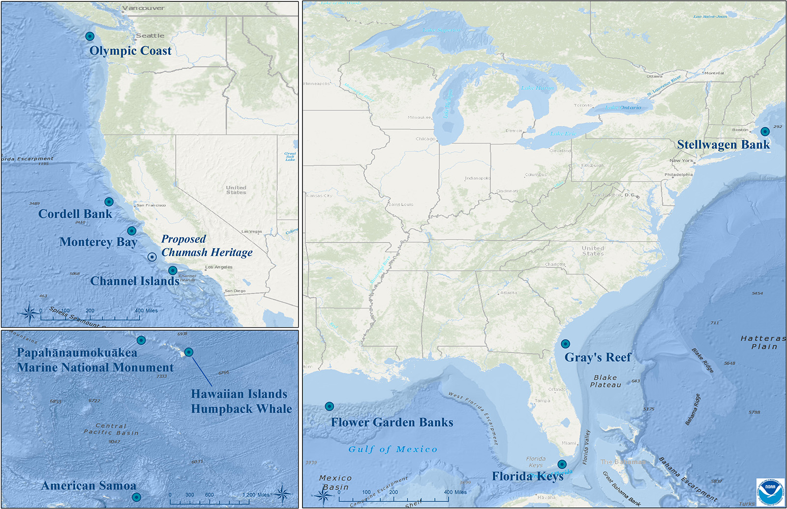 maps highlighting the locations of sound monitoring: Stellwagen Bank, Gray's Reef, Florida Keys, Flower Garden Banks, Olympic Coast, Cordell Bank, Monterey Bay, Channel Islands, and Hawaiian Islands Humpback Whale National Marine Sanctuaries, the proposed Chumash Heritage National Marine Sanctuary and, and areas of the Papahānaumokuākea Marine National Monument