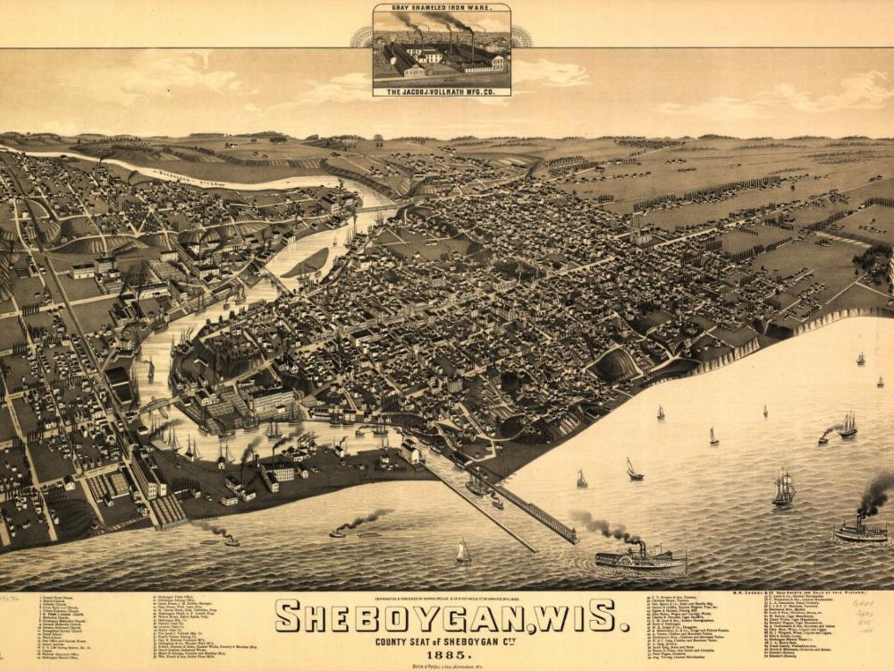 Birdseye view of the shoreline of Sheboygan, Wisconsin in 1885.