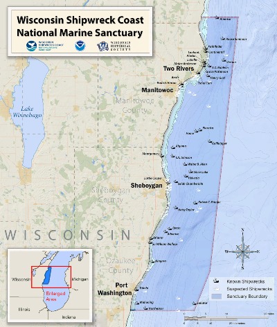 Map of the known shipwrecks within Wisconsin Shipwreck Coast National Marine Sanctuary.