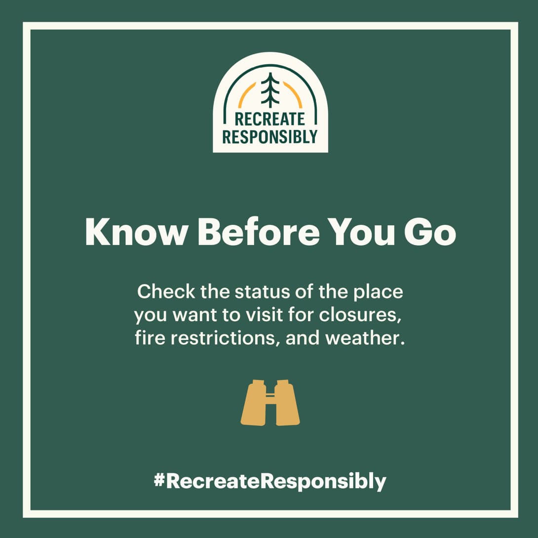an infographic that says know before you go, check the status of the places you want the visit for closures, fire restrictions, and weather