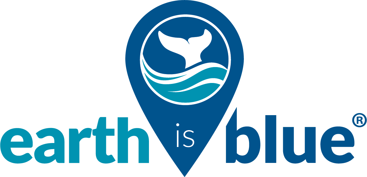 A logo of the Earth inside of a map marker with the text 'Earth is Blue' surrounding it.