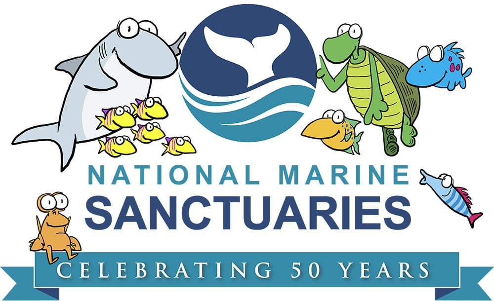 sherman's lagoon characters around the 50th anniverary national marine sanctuary logo