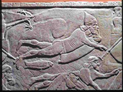 a gypsum wall relief of men and horses swimming