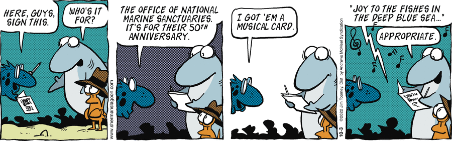 sherman's lagoon comic strip: sherman and friends sign a card to celebrate the national marine sanctuary system 50th anniversary
