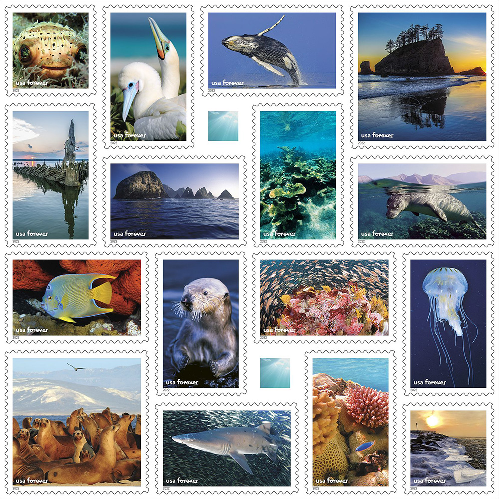 a collage of stamps featuring colorful fish, marine mammals, and seascapes
