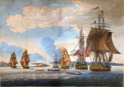 engraving of british ships attack fort ontario