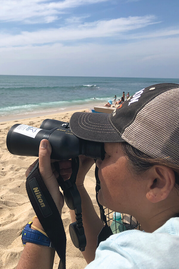 A woman on the beach peering over the ocean through binoculars
