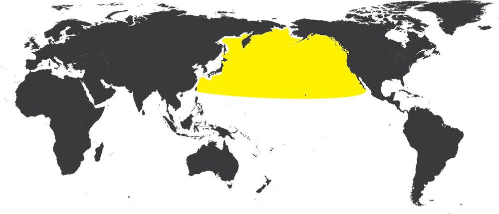 A world map highlighting the area of the habitat of the Laysan Albatross