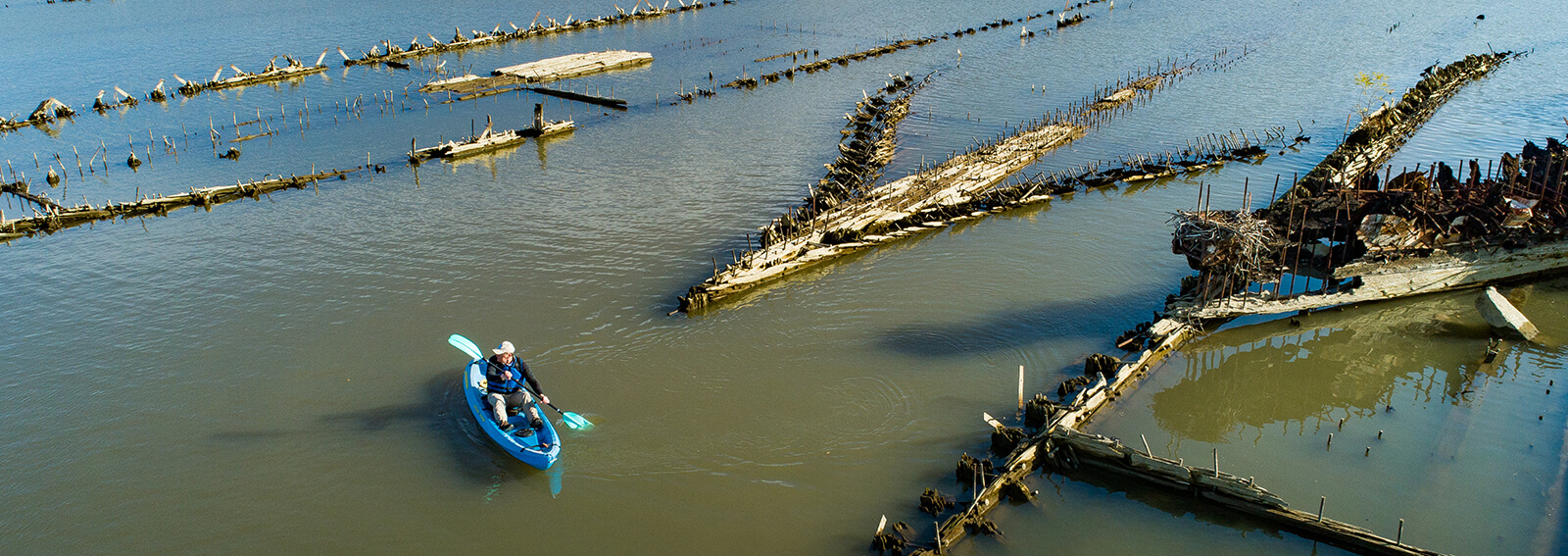 a paddleboarder paddles next to shipwrecks prtruding from the water