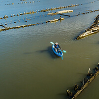 a kayaker floats near shipwrecks