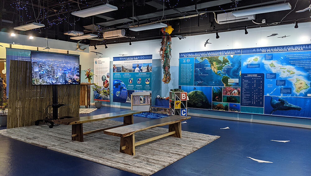 An empty visitor center with exhibits covering the walls and ocean themed decorations
