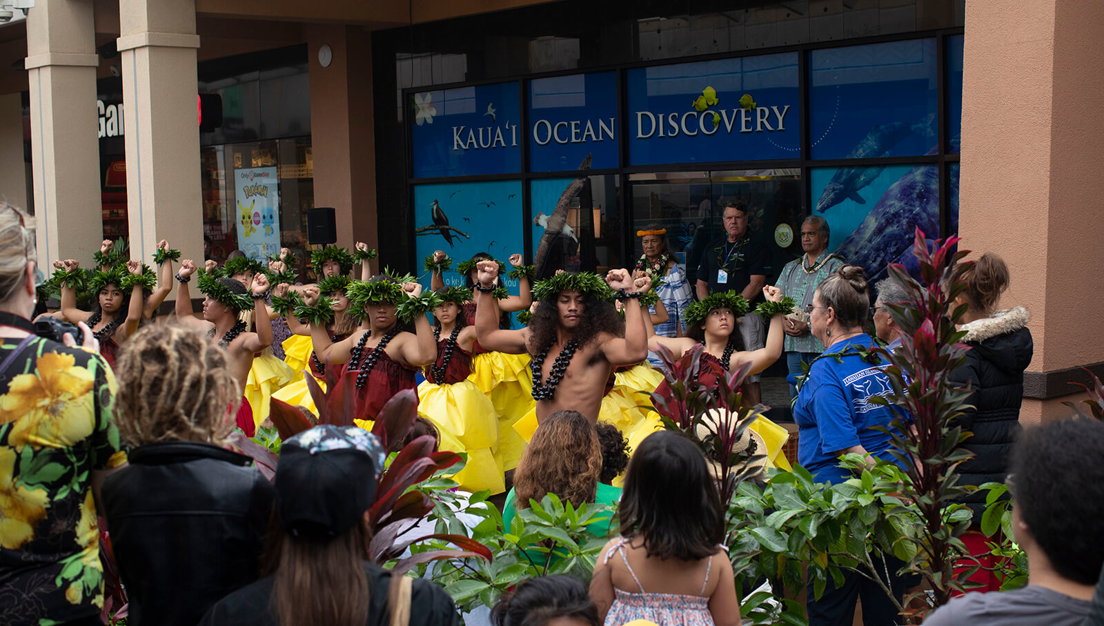 Hawaiian dancers preform in front of a crowd