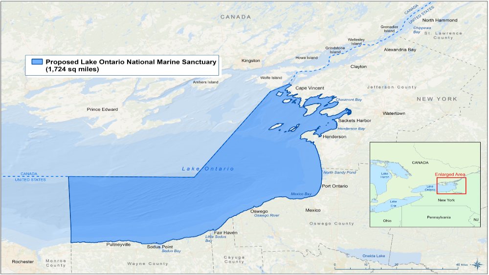 Map showing boundary and approximate location of shipwrecks in the proposed national marine sanctuary.