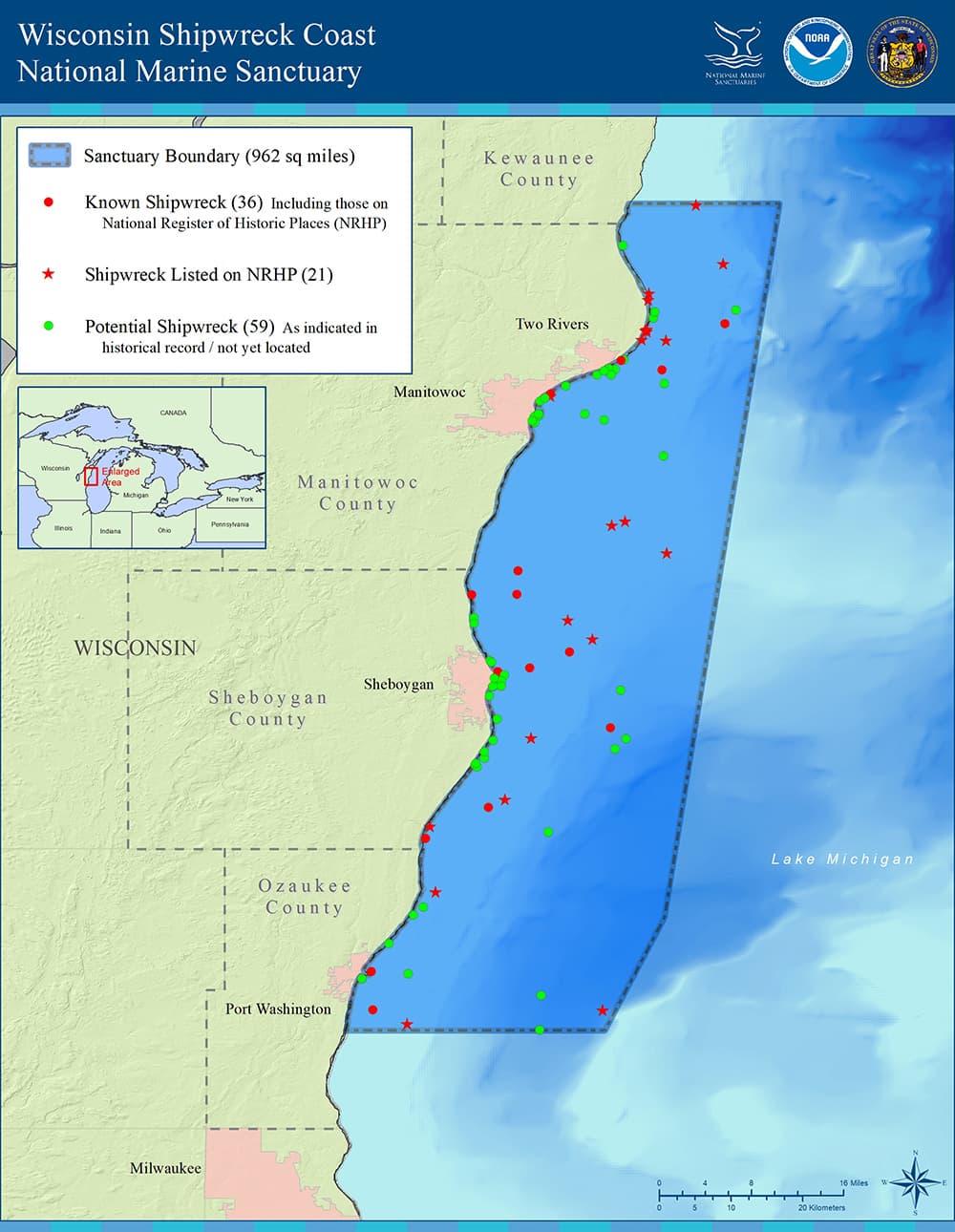 map showing Wisconsin Shipwreck Coast National Marine Sanctuary boundry