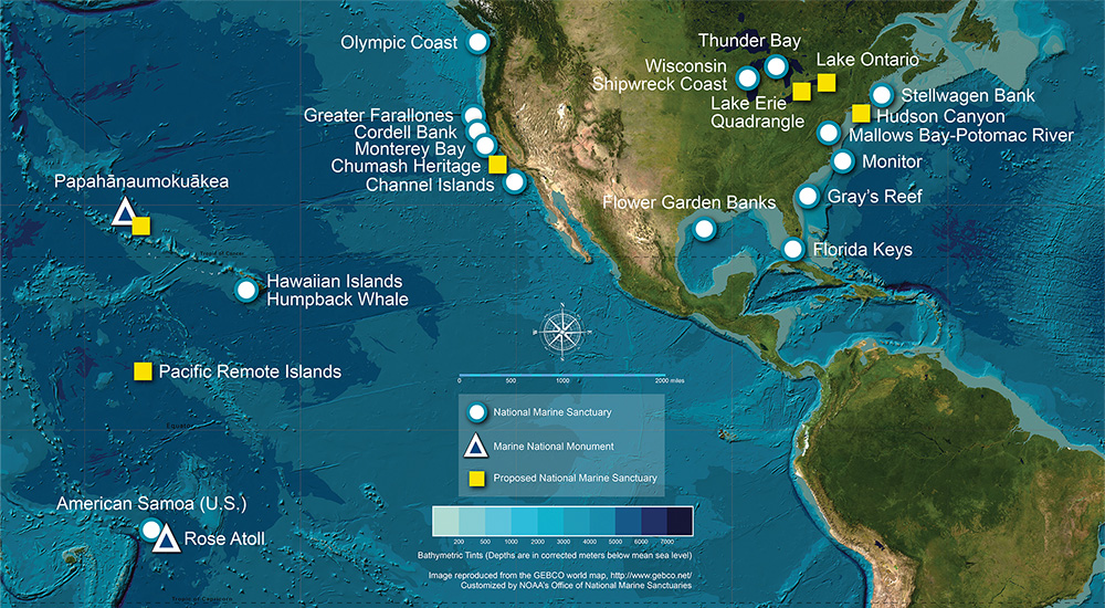 Map displaying the network 15 national marine sanctuaries and the Papahānaumokuākea Marine National Monument