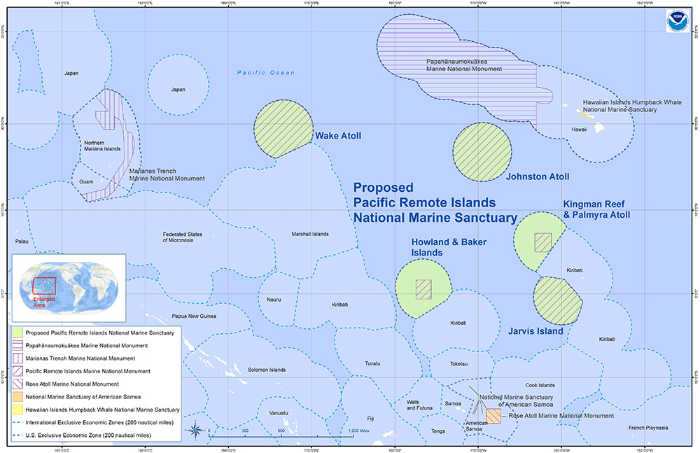 Map of the proposed pacific remote islands national marine sanctuary: Wake Atoll, Johnston Atoll Howland and Baker Islands, Kingman Reef and Palmyra Atoll, and Jarvis Island; Also visible are Papahanaumokuakea MNM, Hawaiian Island Humpback Whale NMS, and NMS of American Samoa and Rose Atoll MNM shown with other nation's 200 miles Exclusive Economic Zones
