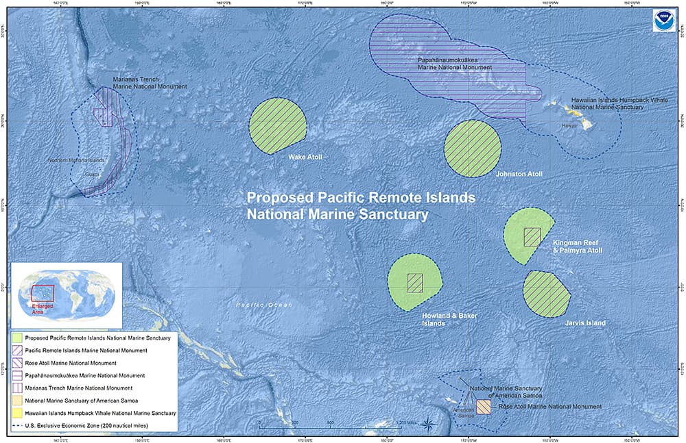 Map of the proposed pacific remote islands national marine sanctuary: Wake Atoll, Johnston Atoll Howland and Baker Islands, Kingman Reef and Palmyra Atoll, and Jarvis Island; Also visible are Papahanaumokuakea MNM, Hawaiian Island Humpback Whale NMS, and NMS of American Samoa and Rose Atoll MNM