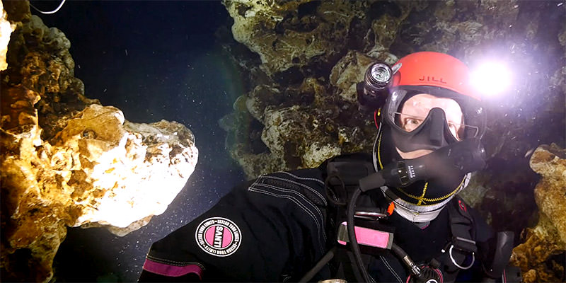 jill heinerth diving in an underwater cave