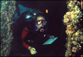 Diver with clipboard exploring shipwreck