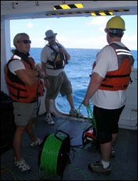 Maritime Archaeologists test the mini-ROV off the deck of the 
Hi'ialakai during transit