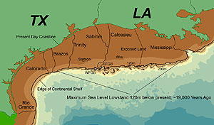 Map indicating where Texas and Louisiana shorelines were located in relation to the Flower Garden Banks 19,000 years ago. 